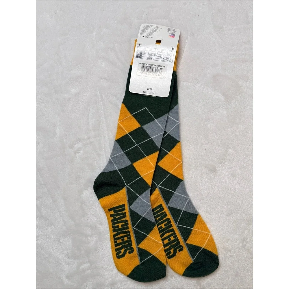 Official NFL Green Bay‎ Packers Green, Gold & Gray Argyle Dress Socks NWT